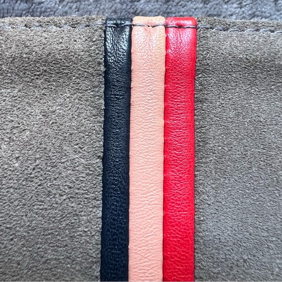 Clare V. Suede Gray Clutch Bag Black Pink Red Leather Stripes Gold Tone Charm